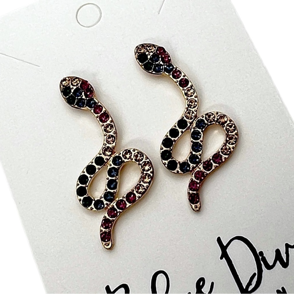 GOLD Rhinestone Crystal Snake Post Earrings - Picture 8 of 8